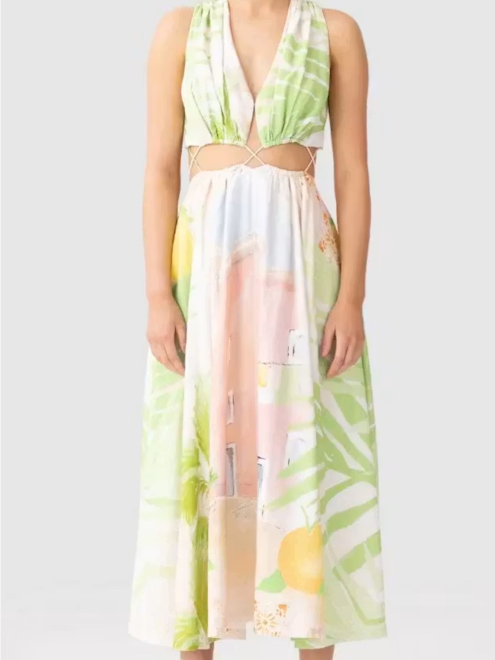 Finders Keepers Pastel Green & Peach Tropical Print Dress